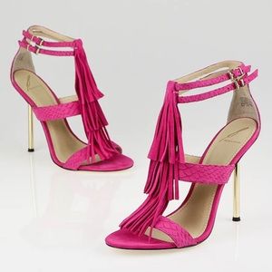 Brian Atwood Luciana red suede leather fringe high heels